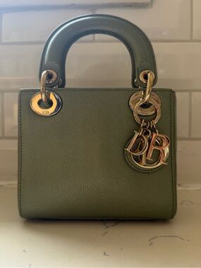 Dior Olive Mini Lady Dior Top-Handle Bag Kerung with Gold Hardware